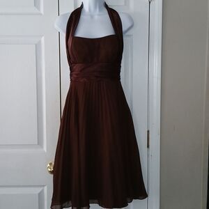 Betsy & Adam  brown pleated halter style spaghetti strap semi formal dress